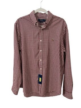 Ralph Lauren Men’s Dark Red and White Gingham Button-Down Shirt  Flesh Pony Logo
